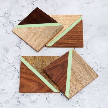 Handmade Brown and Green Wooden Coasters - Pack of 4